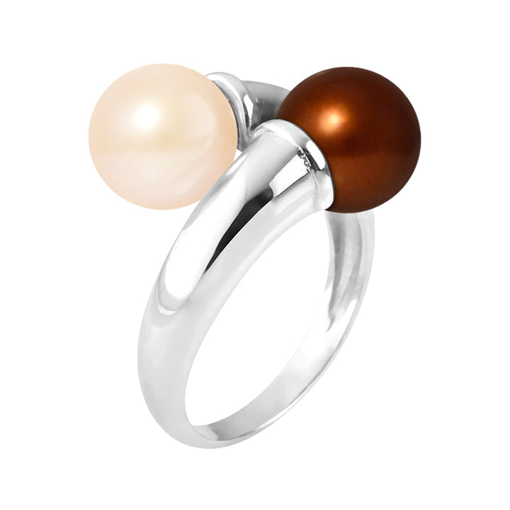 PERLINEA- Bague- Perles de Culture d'Eau douce- Ronde Diamètre 8-9 mm Rose & Chocolat- Taille 48 (EU)- Bijou Femme- Argent 925 Millièmes