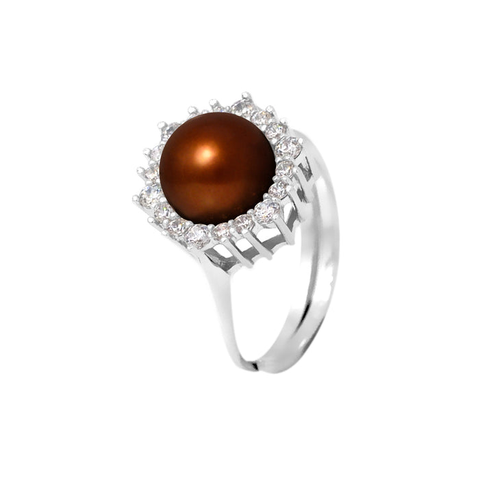 PERLINEA- Bague- Perles de Culture d'Eau douce- Bouton Diamètre 8-9 mm Chocolat- Taille R‚glable- Bijou Femme- Argent 925 Millièmes