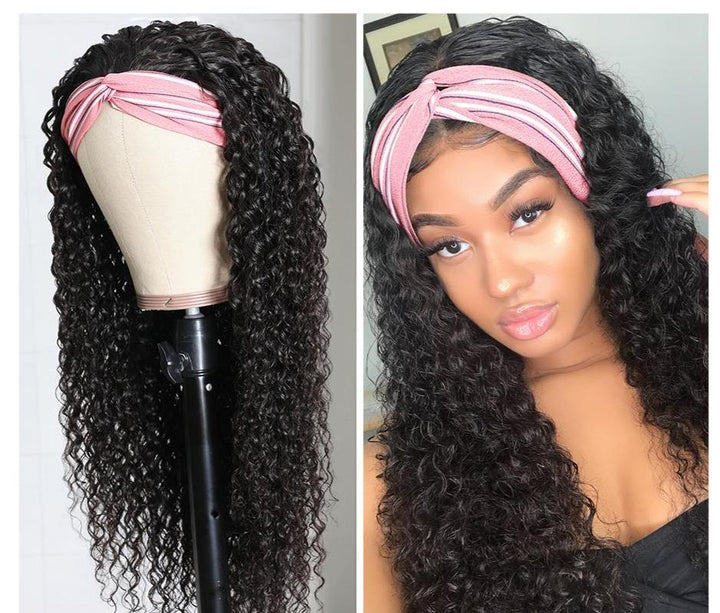 Headband Wig Jerry Curl Human Hair Scarf Wig No GLUE Easy Wear