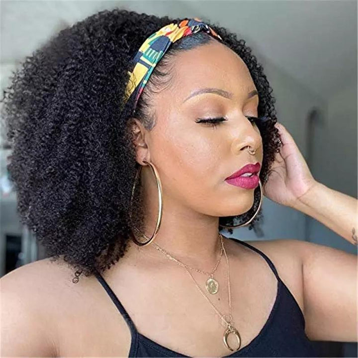 Headband Wig Afro Kinky Curly Human Hair Scarf Wig No GLUE Easy Wear