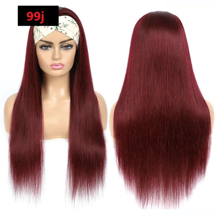 Burgundy Headband Straight Human Hair Wig #99J Scarf Wig No GLUE Easy