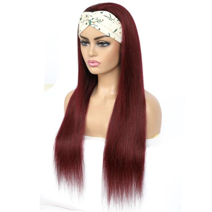 Burgundy Headband Straight Human Hair Wig #99J Scarf Wig No GLUE Easy