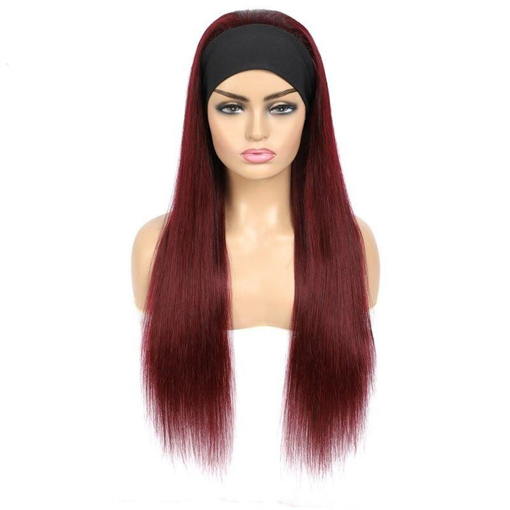 Burgundy Headband Straight Human Hair Wig #99J Scarf Wig No GLUE Easy