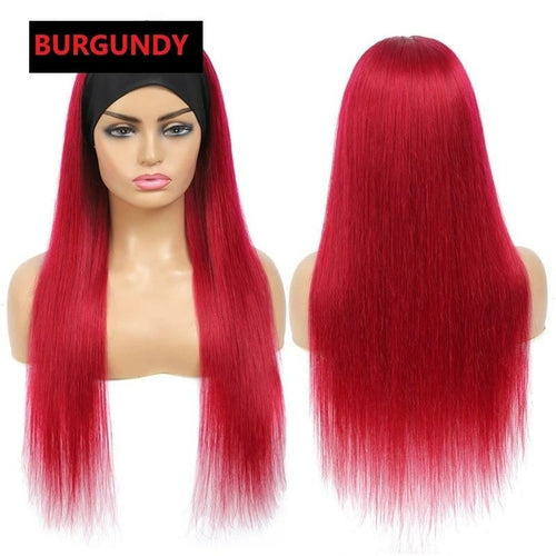 Burgundy Headband Straight Human Hair Wig #99J Scarf Wig No GLUE Easy