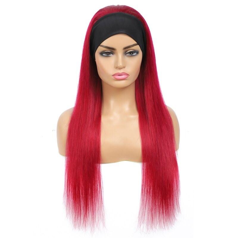 Burgundy Headband Straight Human Hair Wig #99J Scarf Wig No GLUE Easy