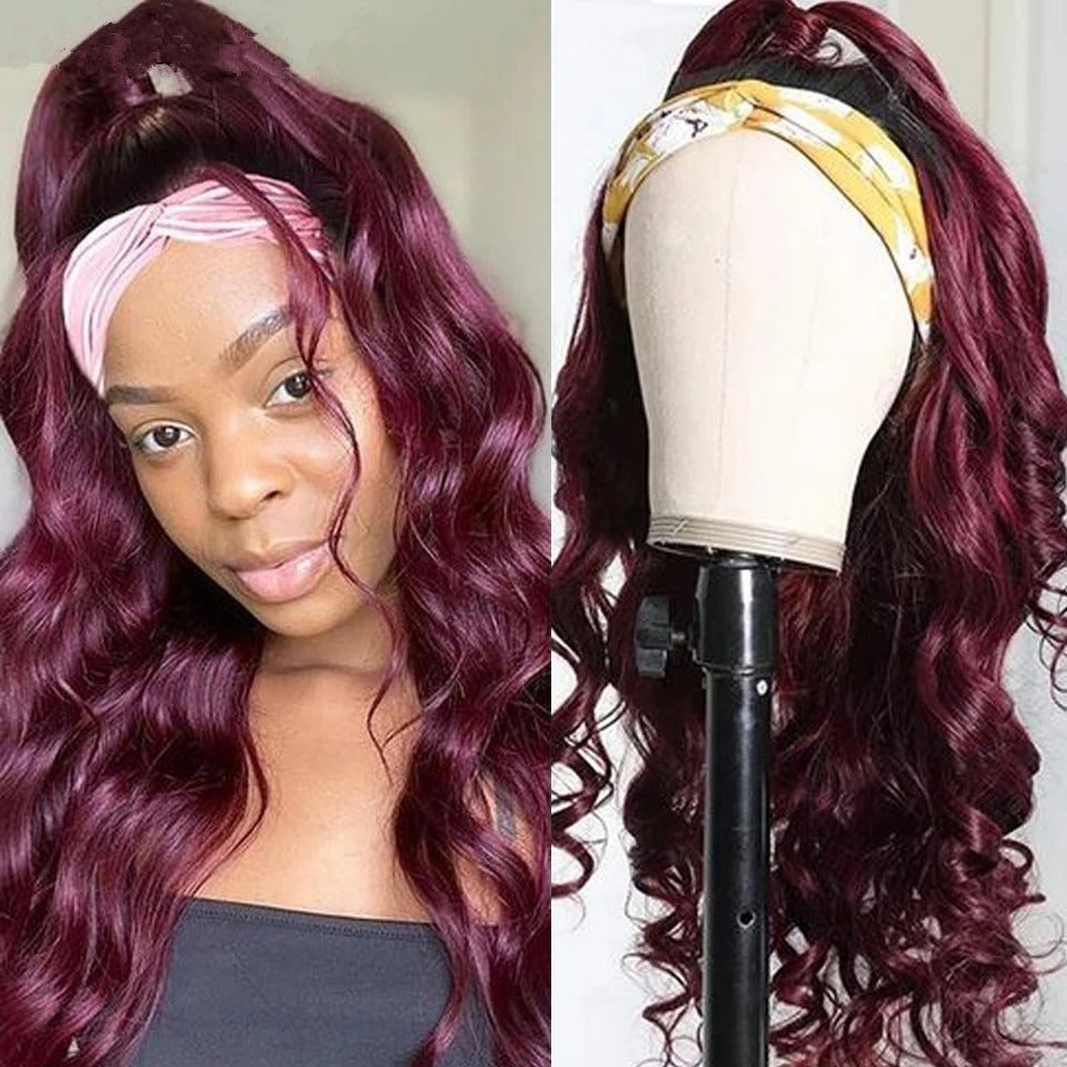 Burgundy Headband Body Wave Human Hair Wig #99J Scarf Wig No GLUE Eas