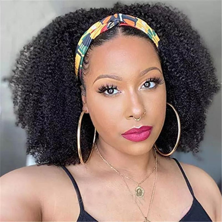 Headband Wig Afro Kinky Curly Human Hair Scarf Wig No GLUE Easy Wear