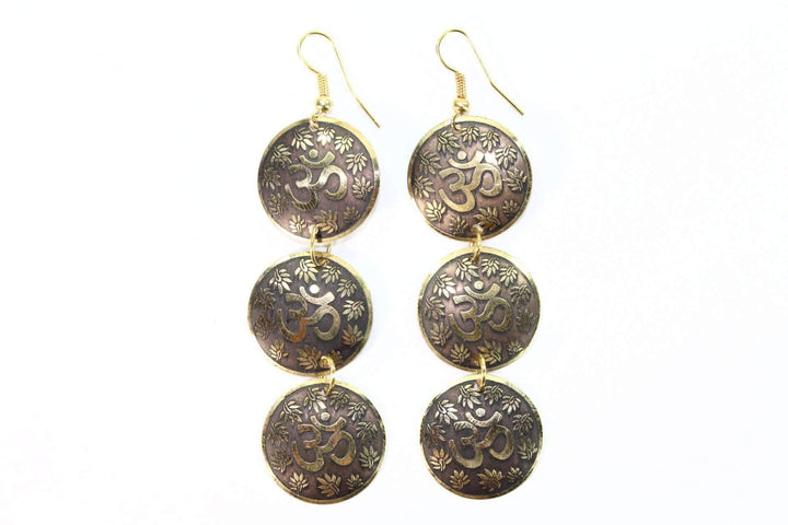 Three Tier Om Earrings with Lotus Petals