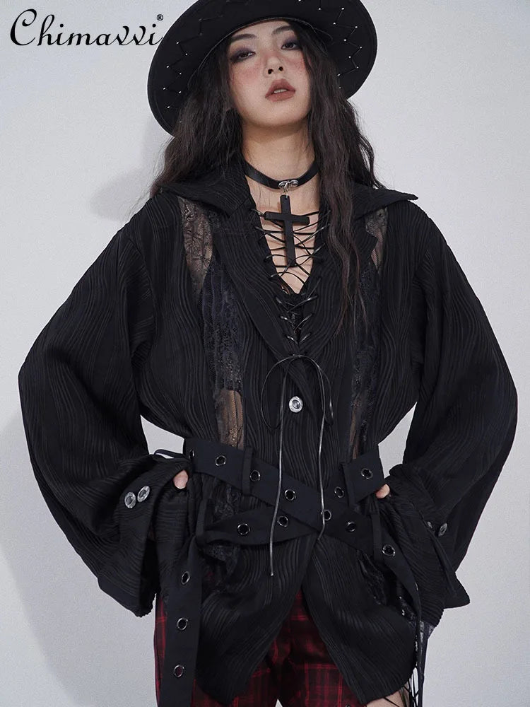 Original Design Lace Stitched Shirt Gothic Black Crossed Lapel Long