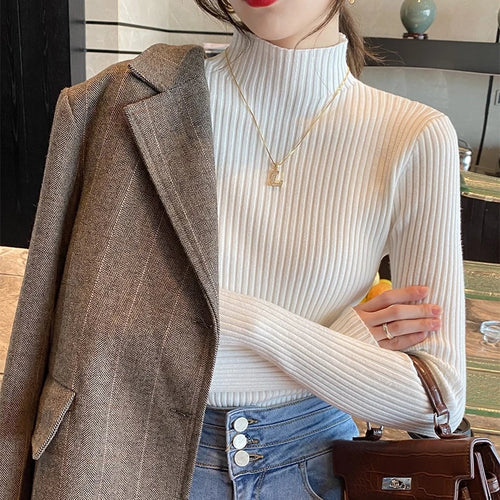 Elegant Solid Basic Knitted Tops Women Turtlneck Sweater Long Sleeve