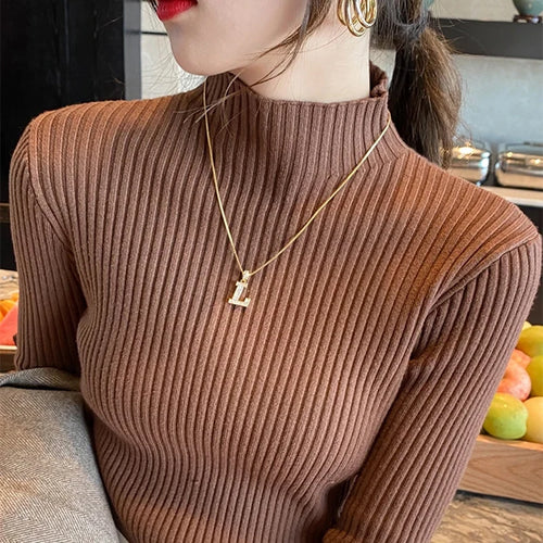 Elegant Solid Basic Knitted Tops Women Turtlneck Sweater Long Sleeve