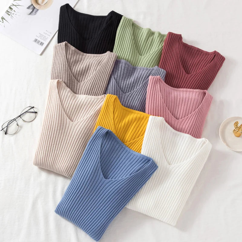 Autumn Winter Women Sweaters Casual Long Sleeve Knitted V Neck