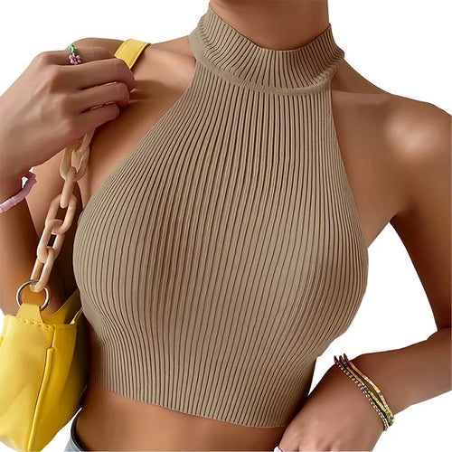 Knit Sleeveless Halter Tops for Women Basics Solid Slim Fitted Crop