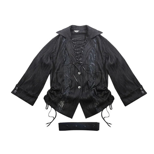 Original Design Lace Stitched Shirt Gothic Black Crossed Lapel Long