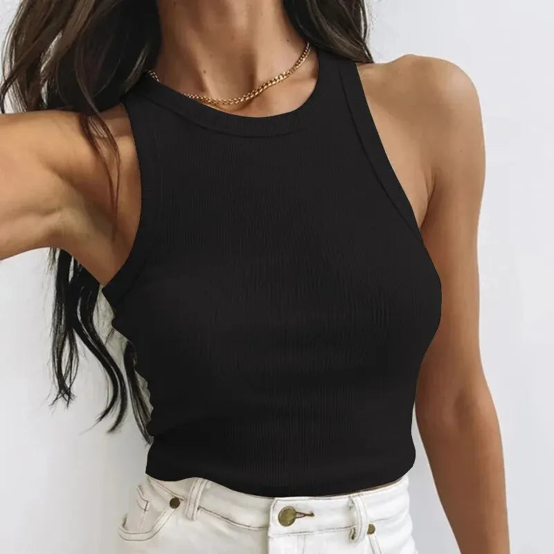 Women's Tank Top Crop Sexy Off Shoulder O Neck Solid Ribbed Knitted