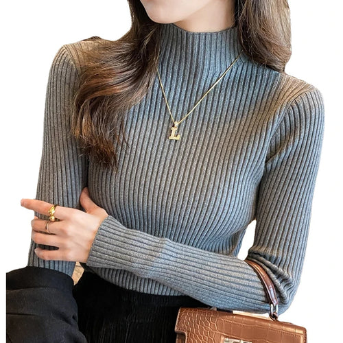 Elegant Solid Basic Knitted Tops Women Turtlneck Sweater Long Sleeve