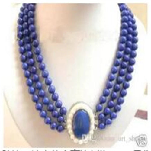 Charming Jewelry 3Row Real Lapis Lazuli white pearl clasp Necklace