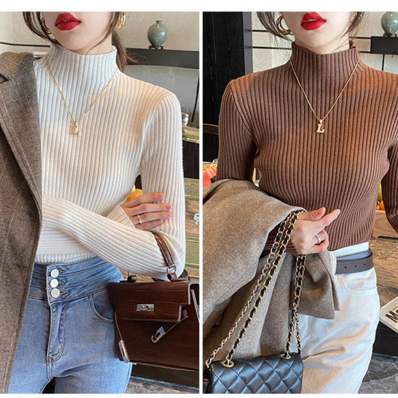 Elegant Solid Basic Knitted Tops Women Turtlneck Sweater Long Sleeve