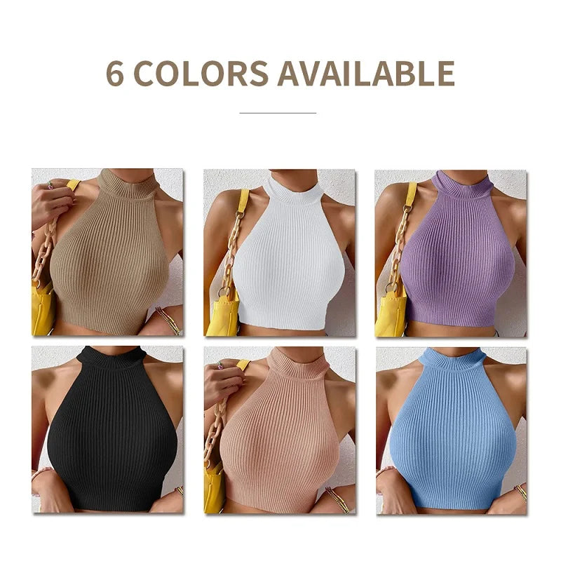 Knit Sleeveless Halter Tops for Women Basics Solid Slim Fitted Crop