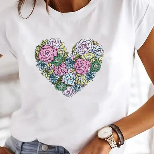 Love Heart Print Women Summer T Shirt Girl O Neck Funny Y2K Tops Tee