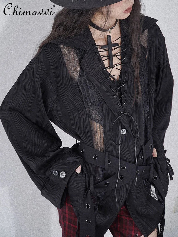 Original Design Lace Stitched Shirt Gothic Black Crossed Lapel Long