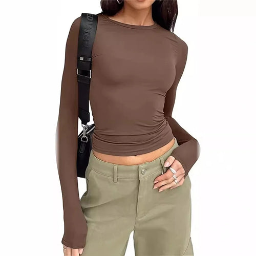 Women's casual long sleeve solid color slim-fit pullover T-shirt