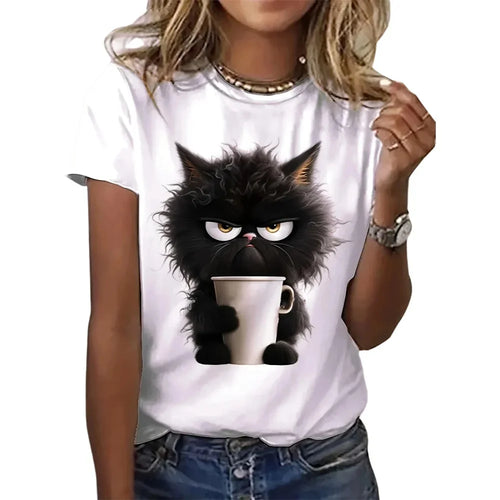 Funny Cat Women Summer White Print T-shirt Girl Casual Short Sleeve O