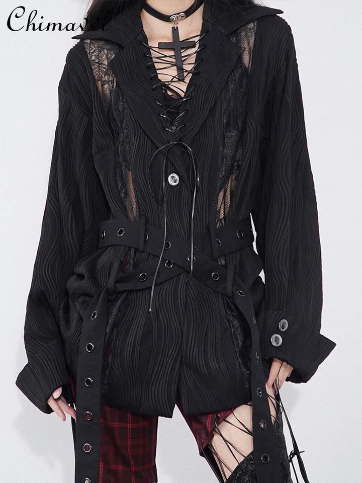 Original Design Lace Stitched Shirt Gothic Black Crossed Lapel Long