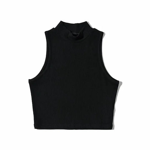 Summer Black Women Fashion Crop Top High Neck Black Sleeveless Tank