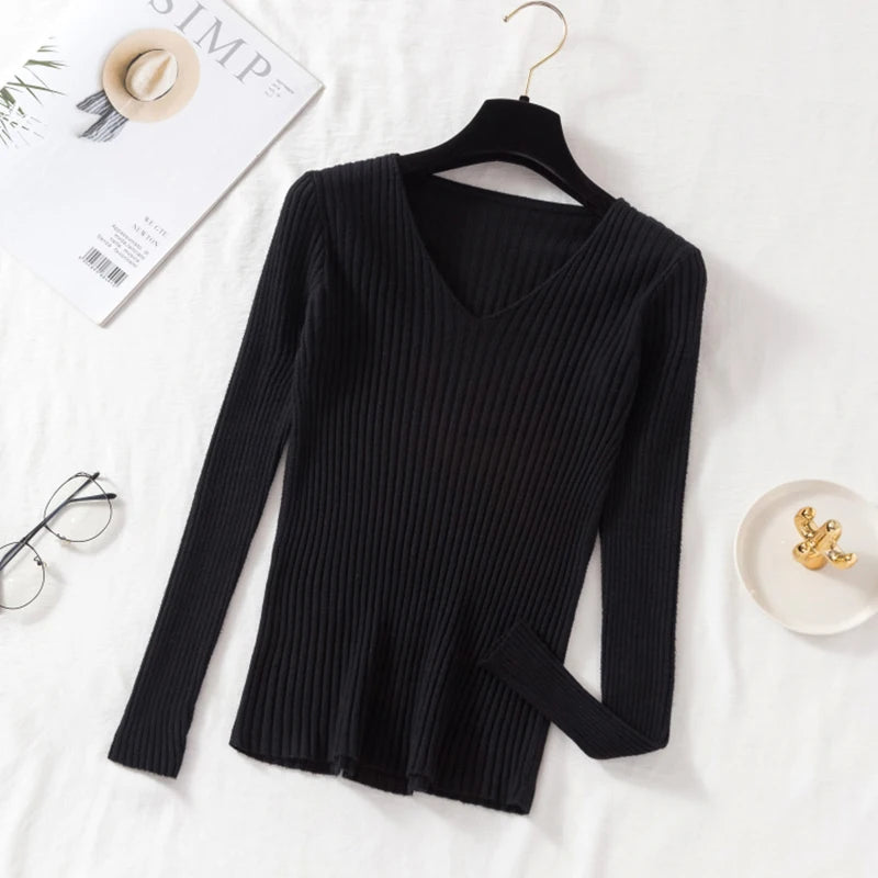 Autumn Winter Women Sweaters Casual Long Sleeve Knitted V Neck