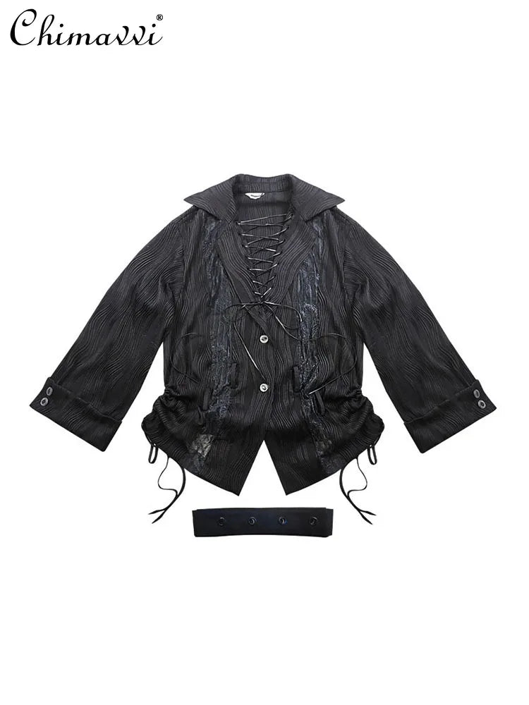 Original Design Lace Stitched Shirt Gothic Black Crossed Lapel Long