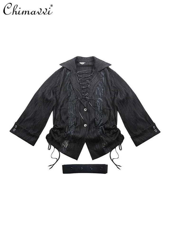 Original Design Lace Stitched Shirt Gothic Black Crossed Lapel Long