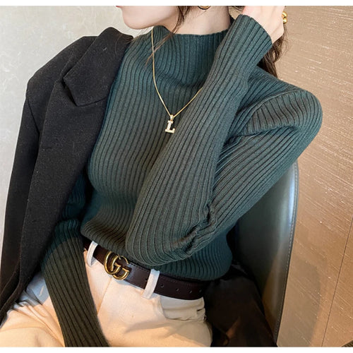 Elegant Solid Basic Knitted Tops Women Turtlneck Sweater Long Sleeve