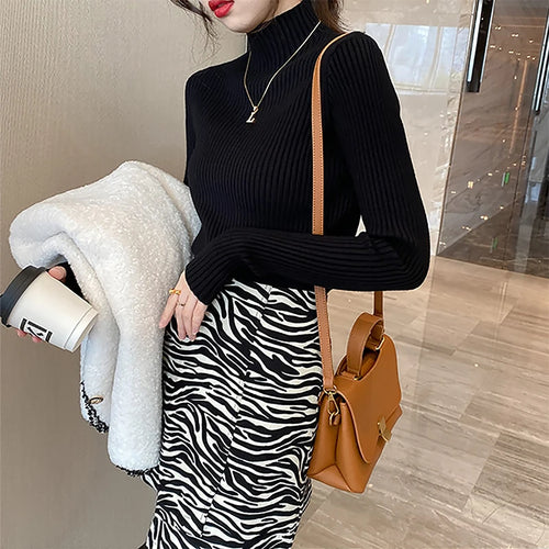 Elegant Solid Basic Knitted Tops Women Turtlneck Sweater Long Sleeve