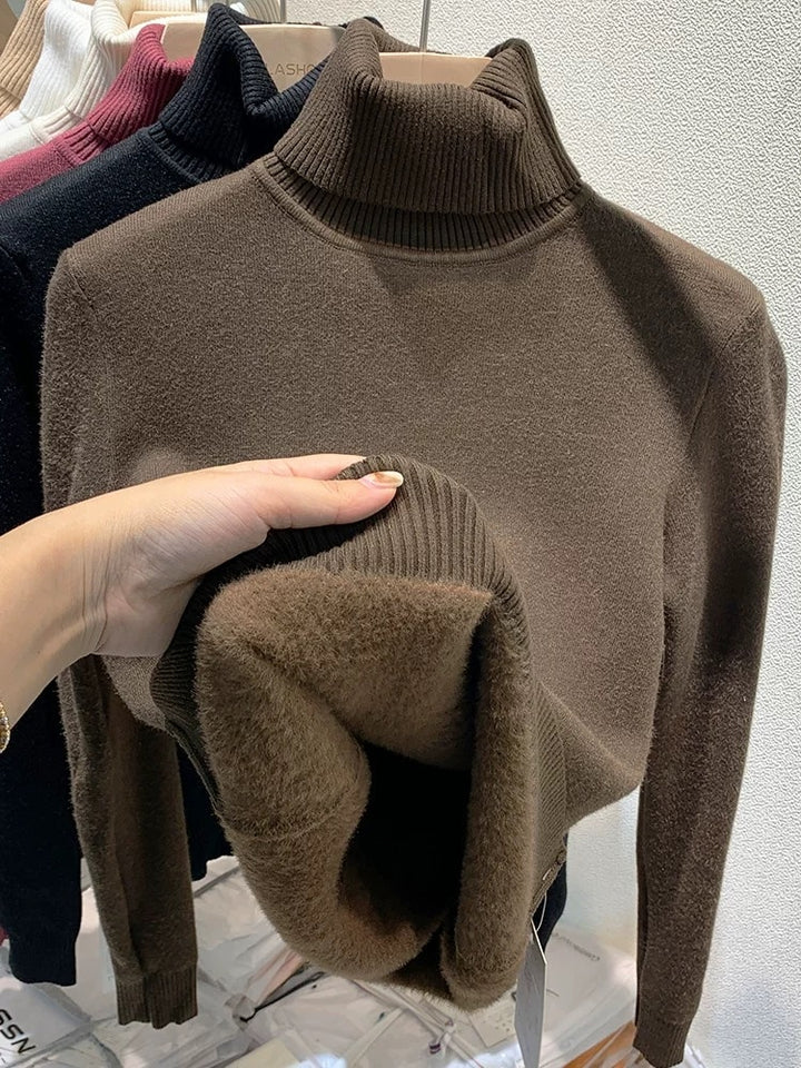 Turtleneck Winter Sweater Women Elegant Thicken Velvet Lined Warm