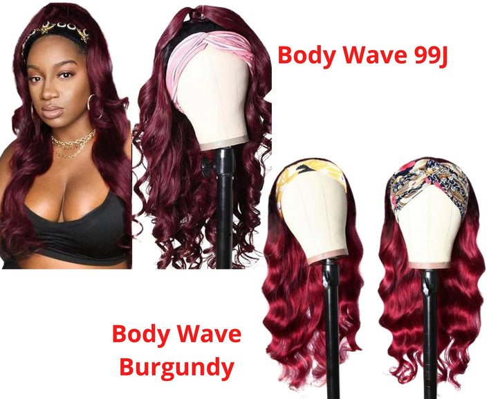 Burgundy Headband Body Wave Human Hair Wig #99J Scarf Wig No GLUE Eas