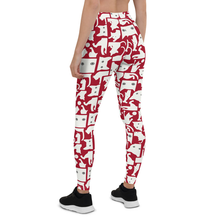 Womens White Cat Silhouette on Red Leggings