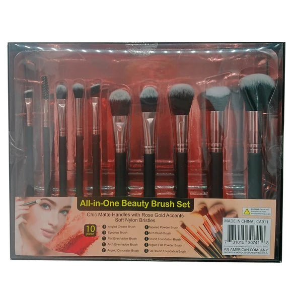 Set de Pinceaux Maquillage 10 pièces Manche Noir et Or Rose