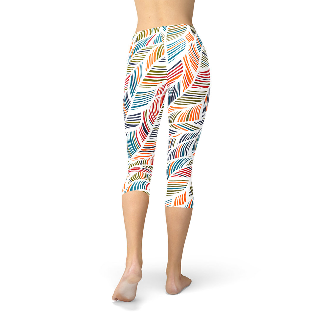 Womens Colorful Feather Fern Capri Leggings