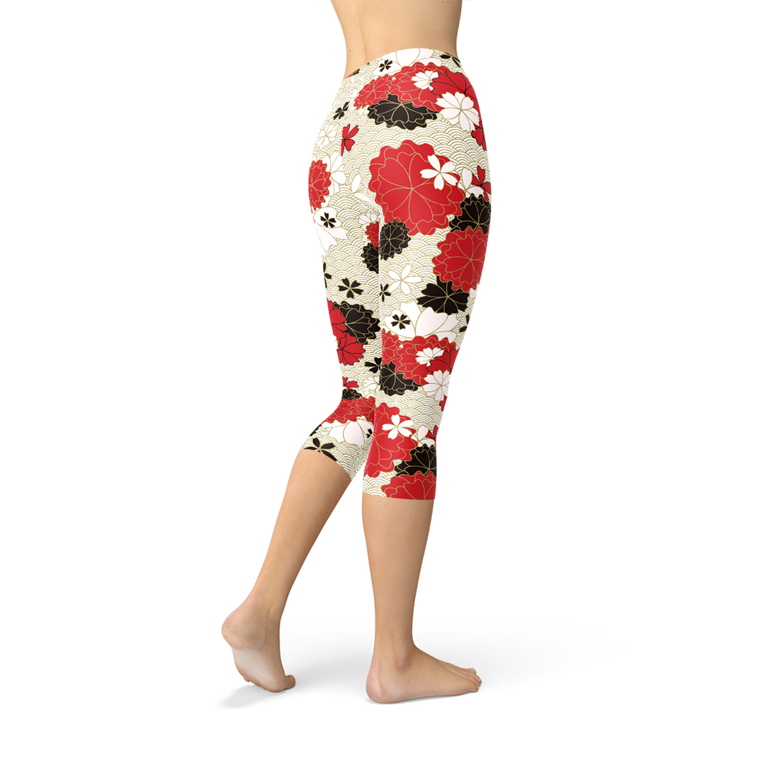 Womens Japanese Cherry Blossom Capri Leggings