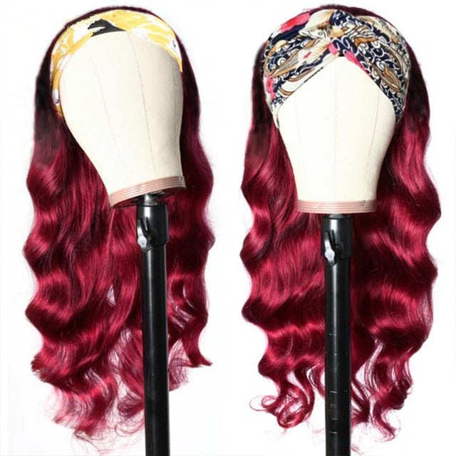 Burgundy Headband Body Wave Human Hair Wig #99J Scarf Wig No GLUE Eas