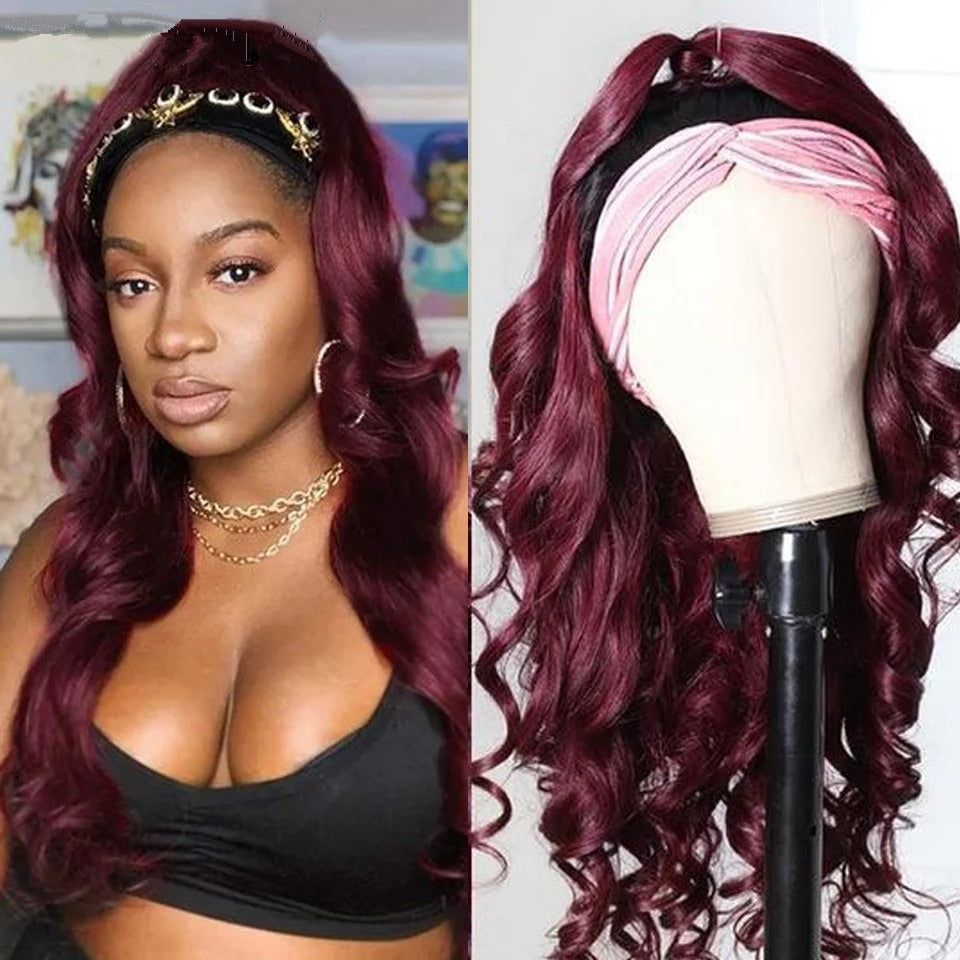 Burgundy Headband Body Wave Human Hair Wig #99J Scarf Wig No GLUE Eas