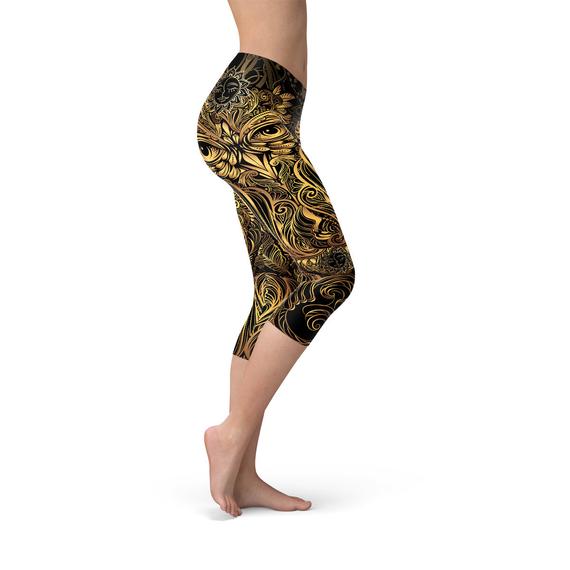 Womens Golden Ornament Owl Capri Leggings