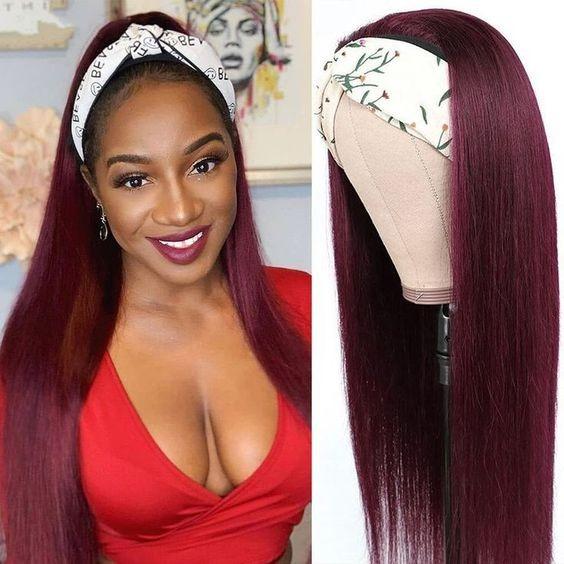 Burgundy Headband Straight Human Hair Wig #99J Scarf Wig No GLUE Easy