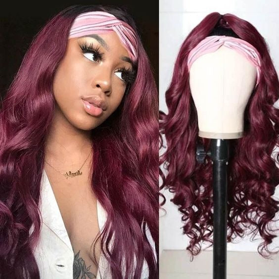 Burgundy Headband Body Wave Human Hair Wig #99J Scarf Wig No GLUE Eas