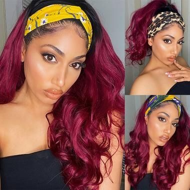 Burgundy Headband Body Wave Human Hair Wig #99J Scarf Wig No GLUE Eas